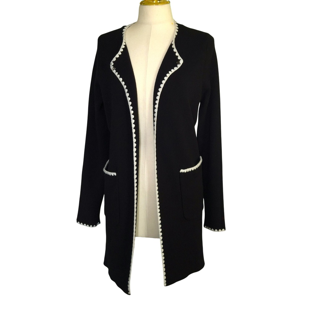 Sioni Cardigan Women Large Black White Scallop Trim Open Front Longline Sweater